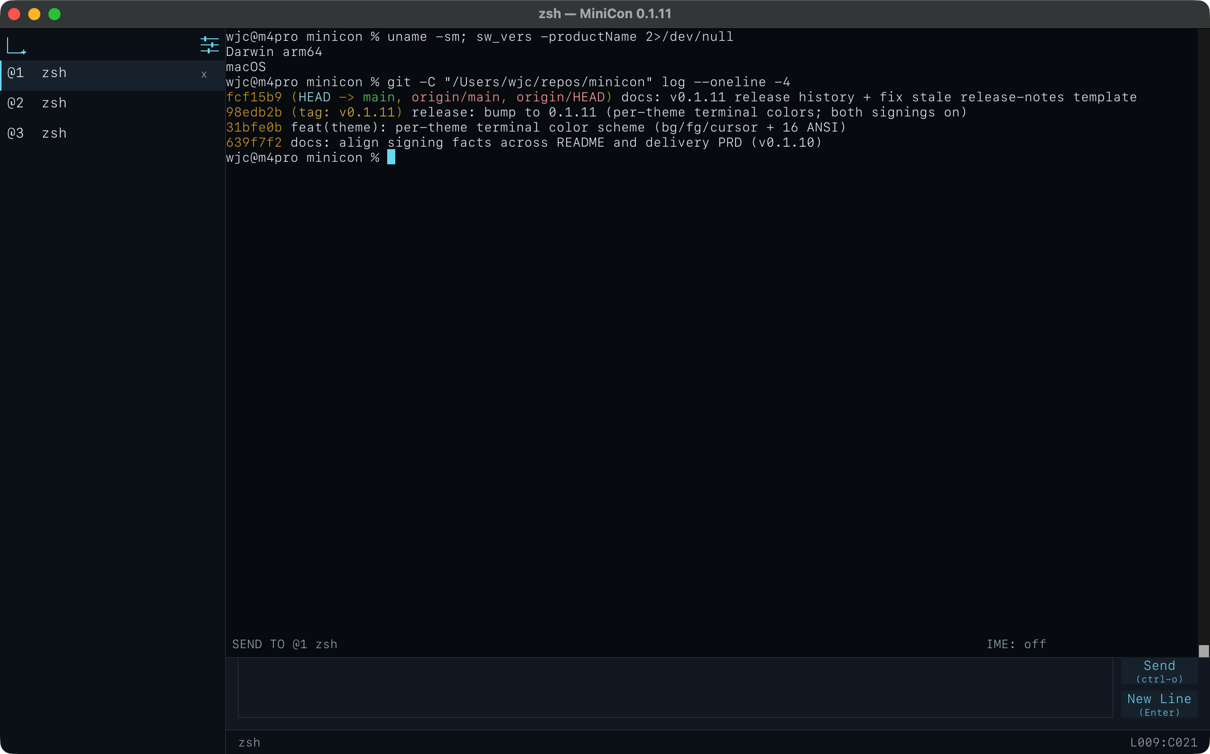 The same MiniCon window in the Docs Ink theme: a deep-navy tab column, header, composer, and terminal, with cyan accents.