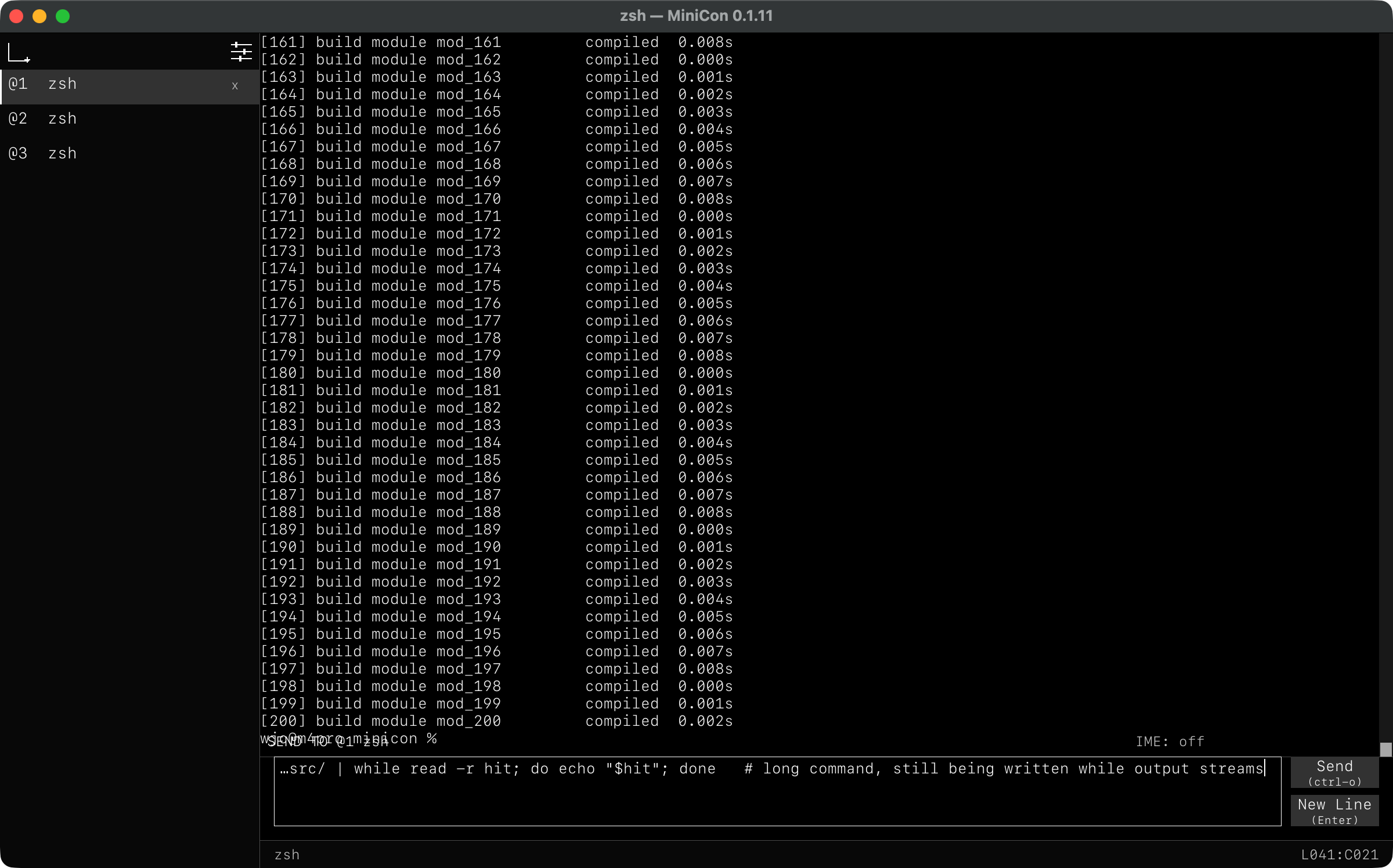 Hundreds of build lines stream through the terminal while a long, unsent command sits in the separate input line below.