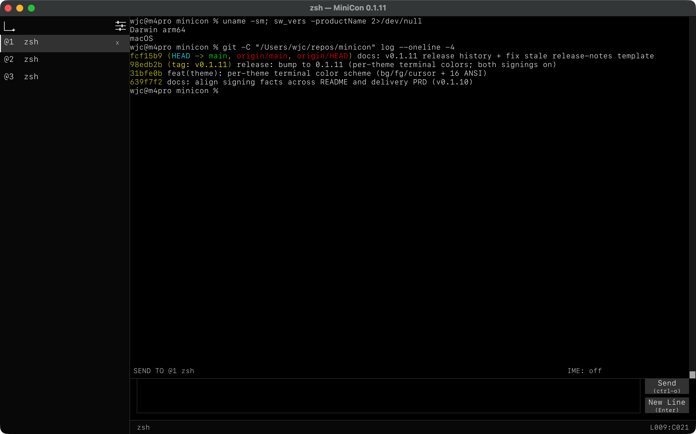 The MiniCon window: a tab tree on the left, a terminal with colorized git output, and a separate input line with Send and New Line controls at the bottom.