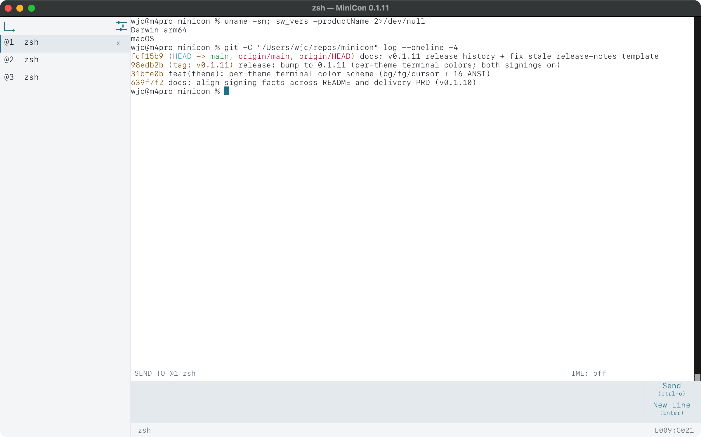 The same MiniCon window in the Paper Ink theme: a light tab column, header, composer, and terminal, with teal accents.
